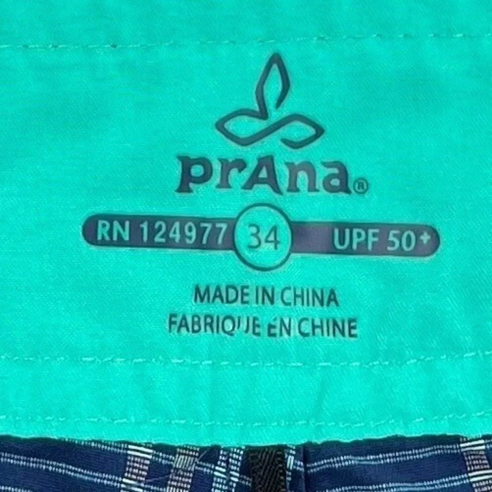 PrAna Swim Trunks Board Shorts‎ Men 34 Blue Teal Plaid Hike UPF 50+ Unlined   9